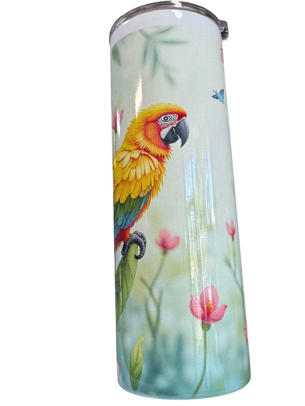 Colorful Parrot Tropical Floral Print Stainless Steel Slim Tumbler with Lid and